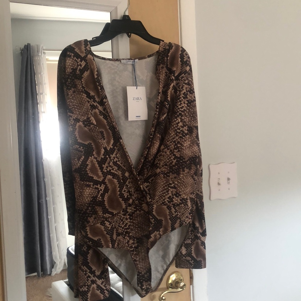 Zara plunging brown snakeskin bodysuit